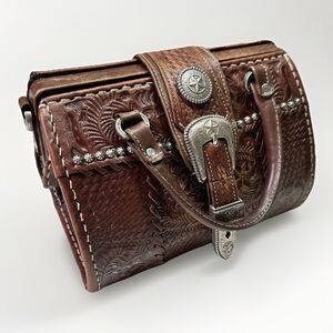 VTG American West Tooled Leather Doctor Bag Satchel Western Purse Silver Accents